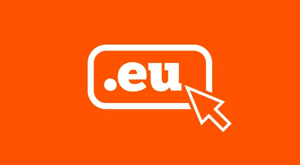 Biały napis ".eu" w zaokrąglonym prostokącie, obok którego znajduje się biała strzałka kursora. Symbolizuje wybór domeny eu.