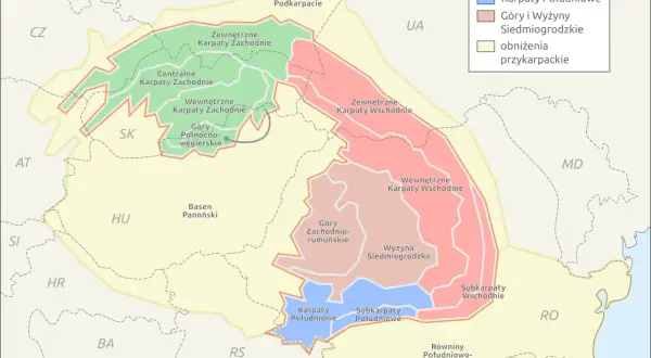 Mapa pokazuje podział Karpat na Karpaty Zachodnie, Wschodnie i Południowe, wraz z obniżeniami przykarpackimi.