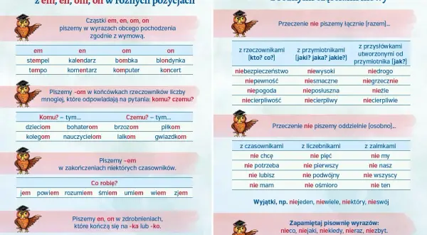 Grafika z sowami w czapkach, przedstawiająca zasady pisowni polskiej: "em", "en", "om", "on" i "nie".