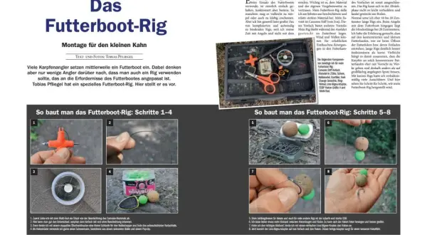 Karpfenangler bauen ein Futterboot-Rig für den Karpfenfang. Das Rig ist für den Einsatz mit dem Futterboot optimiert.