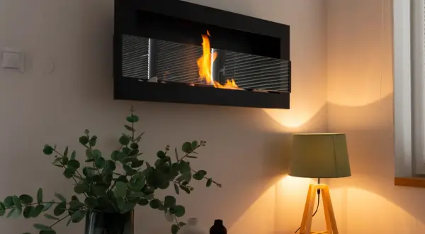Płomienie tańczą w nowoczesnym biokominku, który z pewnością grzeje. Obok bukiet eukaliptusa i lampka tworzą przytulną atmosferę.