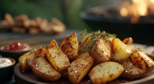 Knusprige kartoffelspalten im backofen, garniert mit frischen Kräutern, warten auf ein Dip-Bad. Im Hintergrund flackert ein Grillfeuer.