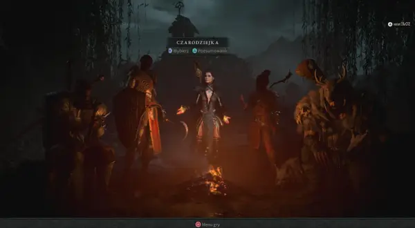 Wybór postaci w Diablo 4: Czardziejka, Barbarzyńca, Łotrzyca, Druidka i Wilkołak przy ognisku.