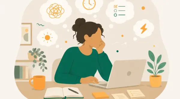 En person vid ett skrivbord med en laptop, tankebubblor visar kaos, sol, tid och en att-göra-lista. Känslan av adhd på jobbet.