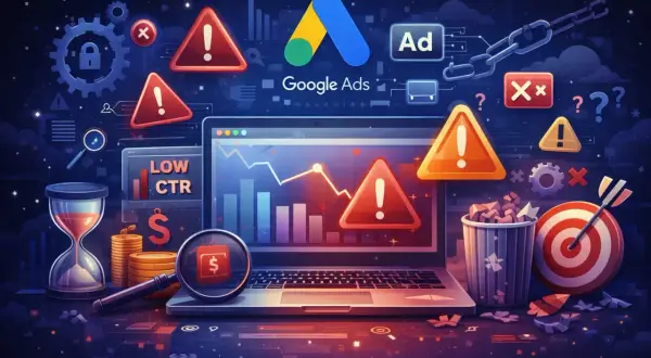 Problemy z kampaniami ads: niski CTR, ostrzeżenia, kosz na śmieci. Analiza danych na laptopie.