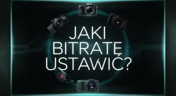 Jaki bitrate do 1080p? Pięć aparatów otacza neonowy napis, sugerując wybór ustawień dla idealnego obrazu.