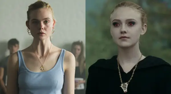 Dakota Fanning w filmach i serialach: po lewej w błękitnym topie, po prawej jako wampirzyca z czerwonymi oczami.