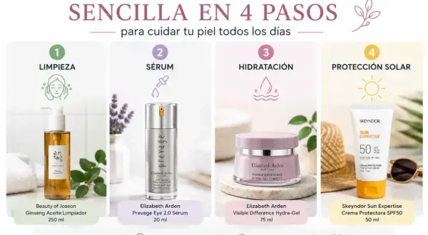 Rutina facial en 4 pasos para mejorar piel cara: limpieza, sérum, hidratación y protección solar. Productos de Beauty of Joseon, Elizabeth Arden y Skeyndor.
