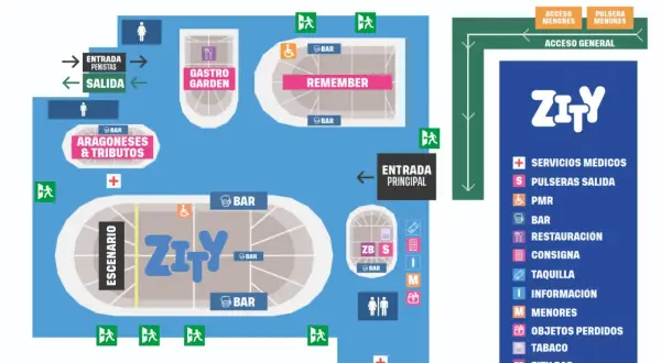 Mapa del concierto Espacio Zity: escenario, bares, zonas de restauración, accesos y servicios.