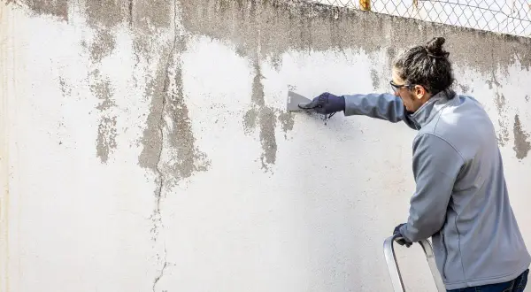 Hombre raspa pared desconchada, preparándola para pintura alquitranada.