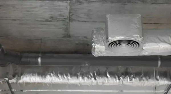 Ocieplanie rur wentylacyjnych na poddaszu folią aluminiową. Widoczny okrągły nawiewnik.
