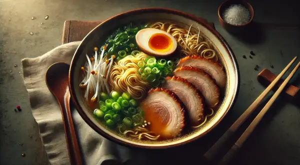 Apetyczny ramen z makaronem, plastrami wieprzowiny, jajkiem i szczypiorkiem. Idealne dodatki do ramenu, by wzbogacić smak.
