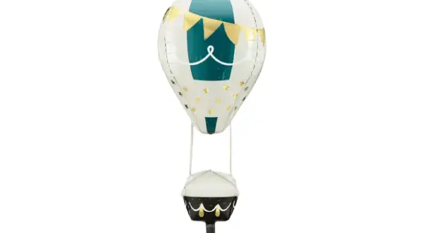 Biały balon w kształcie statku powietrznego z turkusowymi i złotymi gwiazdkami, idealny do zabawy z balonami dla niemowląt.