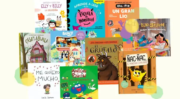 Colección de cuentos para niños de 5 años con personajes como El Grufalo, Bluey y Stitch, ideales para aprender a leer.
