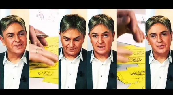 Claude Alexis, prénom, est montré dans plusieurs vignettes, manipulant des cartes jaunes.