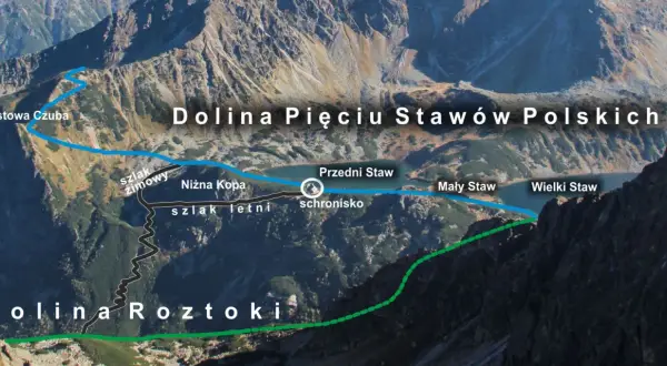 Widok na Dolinę Pięciu Stawów Polskich z zaznaczonymi szlakami i schroniskiem. Widać jeziora: Przedni, Mały i Wielki Staw.