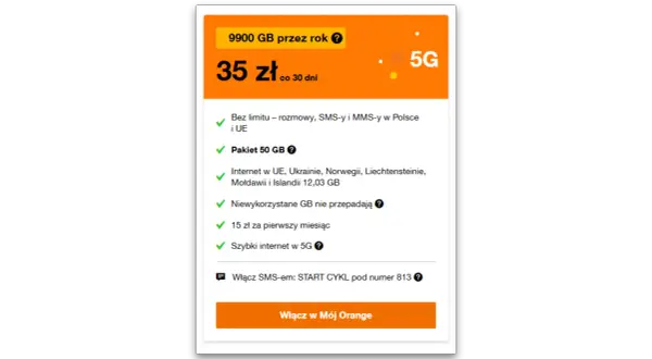 Orange Free na kartę: 9900 GB na rok, rozmowy i SMS-y bez limitu, 50 GB w roamingu za 35 zł/30 dni. Kody aktywacyjne dostępne.
