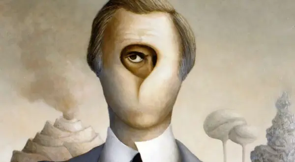 A surreal portrait in graphic realism depicts a man with an eye in a hole where his mouth should be, set against a dreamlike landscape with tiered mountains and strange trees.