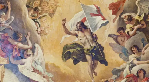 Jezus, wskrzeszony przez Jezusa, triumfalnie unosi sztandar z krzyżem, otoczony przez chóry aniołów.