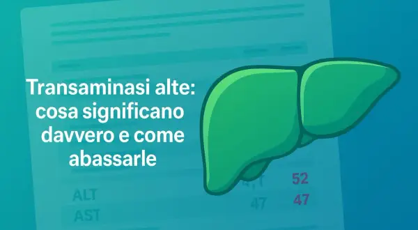 Fegato stilizzato accanto a testo che spiega cosa significano le transaminasi alte e come abbassarle velocemente.