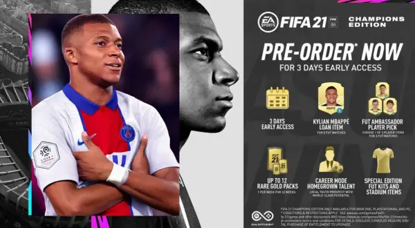 Kylian Mbappé w koszulce PSG na plakacie FIFA 21. Dowiedz się, ile kosztuje FIFA 21 i jakie bonusy oferuje edycja mistrzowska.