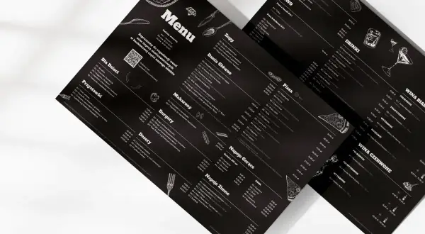 Menu z daniami a la carte, napojami i winami. Elegancki czarny design z białymi napisami i ilustracjami.