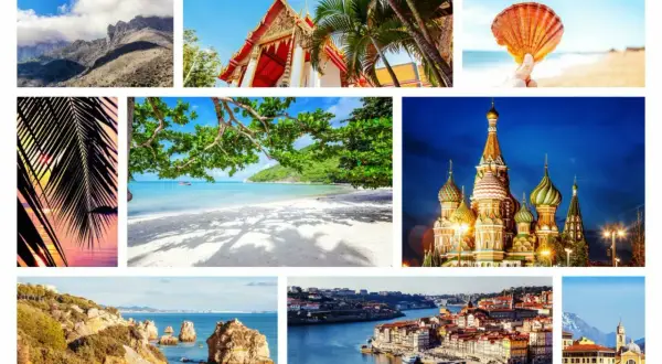Montagnes, temple thaï, coquillage, plage tropicale, palais russe, falaises portugaises, ville portugaise, église italienne. Le plus beau voyage du monde.