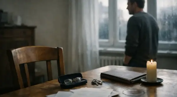 Mężczyzna stoi przy oknie, myśląc o formalnościach związanych z postępowaniem spadkowym. Na stole leżą dokumenty, klucze, okulary i płonąca świeca.