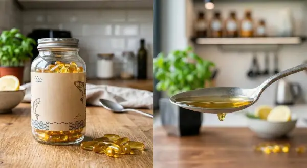 Słoik kapsułek omega 3 i łyżka z płynnym olejem. Dowiedz się, na co omega 3 i jak je stosować.