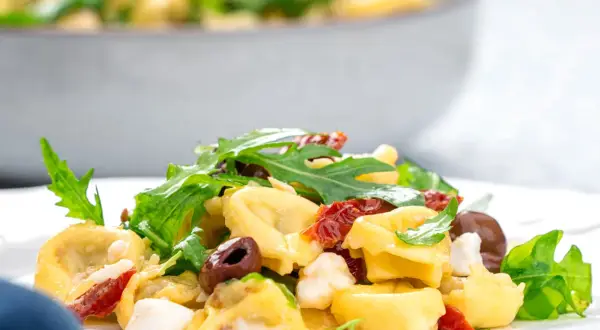 Ein köstlicher italienischer Salat mit Tortellini, Rucola, Oliven und getrockneten Tomaten auf einem Teller.