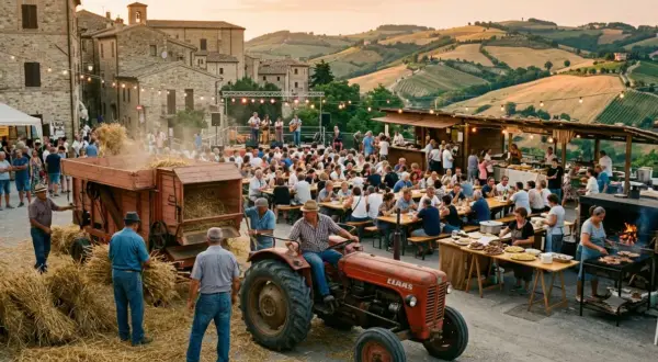 Festa di paese nelle Marche: musica, cibo e trattori tra colline e antichi borghi. Un tuffo nelle tradizioni.