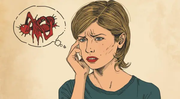 Una donna pensierosa con un pensiero inquietante: cosa sono i pensieri ossessivi? Un'immagine che evoca ansia.
