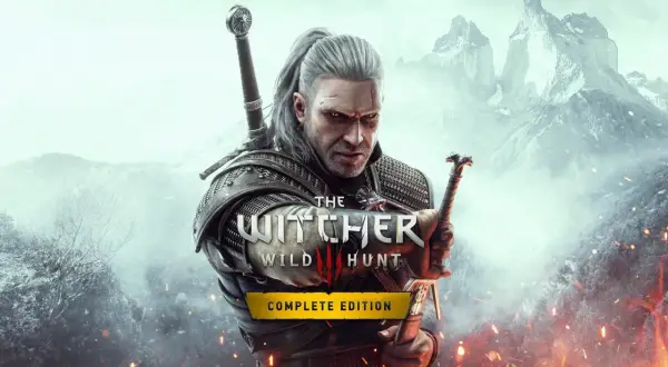 Geralt z Rivii, wiedźmin 3 przygotowania do bitwy. W tle zimowe góry i płomienie.