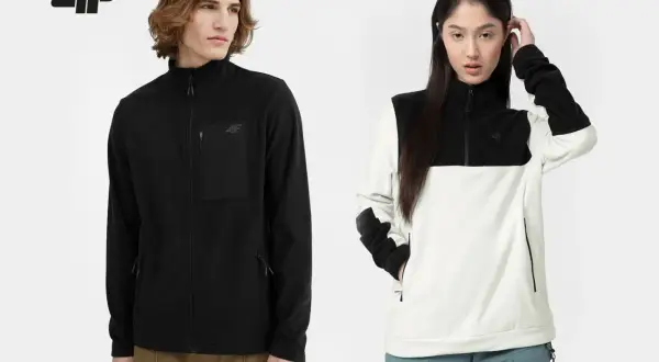 Ein Mann und eine Frau präsentieren ihre warmen Fleecejacken. Diese Jacken sind ideal für kühle Tage und bieten Komfort und Stil.