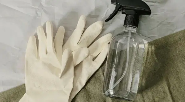 Para gumowych rękawiczek i butelka z atomizerem na zielonym tle.