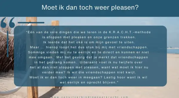 Tekst over stoppen met pleasen, met een strand op de achtergrond. De vraag is: "Moet ik dan toch weer pleasen?