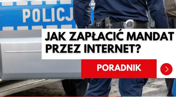 Policjant obok radiowozu. Poradnik: jak zapłacić mandat przez internet.