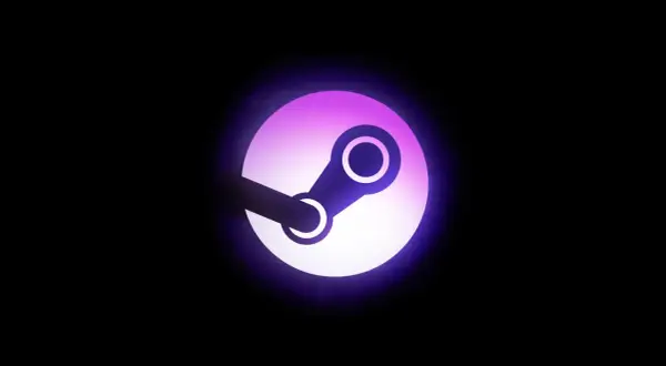 Logo Steam w fioletowo-białej poświacie na czarnym tle.