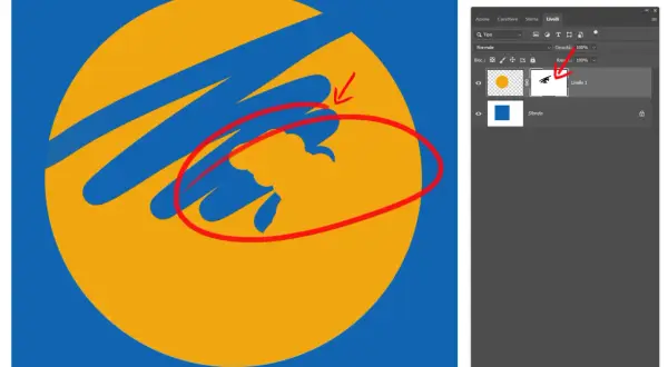 Un cerchio giallo con striature blu, evidenziato da un cerchio rosso e una freccia. Pannello Livelli di Photoshop con una maschera di livello attiva.