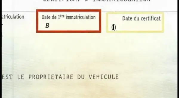 Extrait du certificat d'immatriculation, on peut lire la date de 1ère immatriculation.
