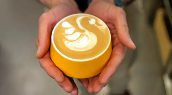 Dłonie trzymają żółtą filiżankę z kawą latte art w kształcie łabędzia. Zastanawiasz się, ile kawa ma mg kofeiny?
