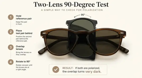 Zwei Sonnenbrillen werden übereinander gelegt und um 90° gedreht, um zu prüfen, ob sie polarisierte Sonnenbrille Nachteile haben.