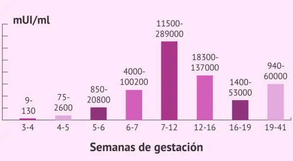 Gráfico de barras muestra niveles de beta hcg en mUI/ml por semanas de gestación.