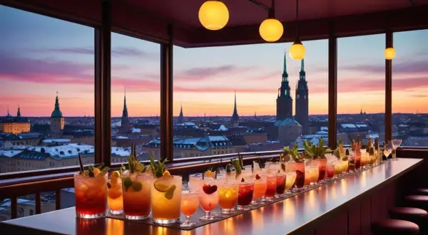 En rad färgglada drinkar på en cocktailbar i Stockholm med utsikt över staden vid solnedgången.