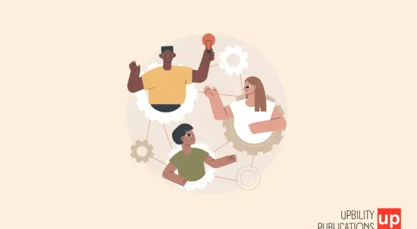 Ilustración de personas colaborando, con engranajes y una bombilla, ideal para actividades para trabajar las habilidades sociales.