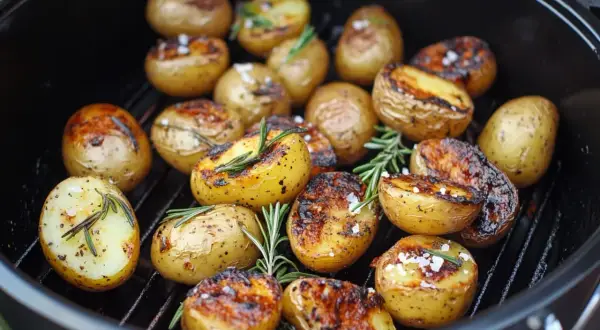 Saftige Rosmarinkartoffeln mit grobem Salz auf einem Grillrost. Die Kartoffeln sind goldbraun und leicht angekohlt, mit frischen Rosmarinzweigen dazwischen.
