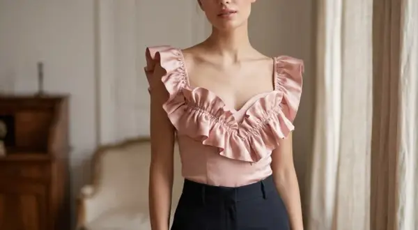 Elegancka bluzka z falbankami, idealna dla szczupłych z małym biustem. Podkreśla sylwetkę, dodając uroku.