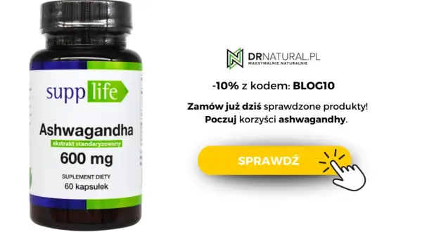 Butelka suplementu diety Ashwagandha 600 mg. Wspiera naturalny poziom testosteronu. Sprawdź korzyści!