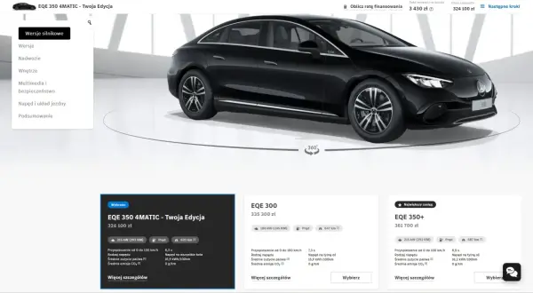 Czarny Mercedes EQE 350 4MATIC, elektryczny sedan z napędem na wszystkie koła, prezentowany w konfiguratorze.