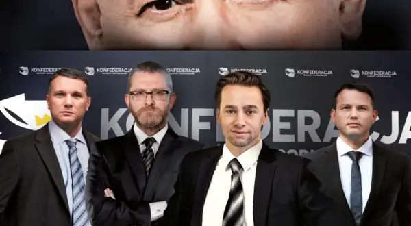 Konfederacja liderzy w garniturach, z poważnymi minami, na tle logo partii.